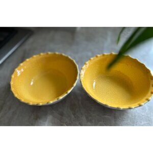 Set of 2 Made in Italy by ANGORA Past Bowls Glazed Porcelain Yellow White 6 3/4"